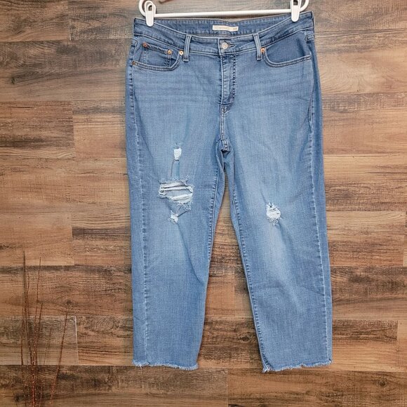 Levi's Jeans 16 W Mid Rise Boyfriend Raw Hem Ripped Stretch Medium Light Wash - Picture 1 of 11